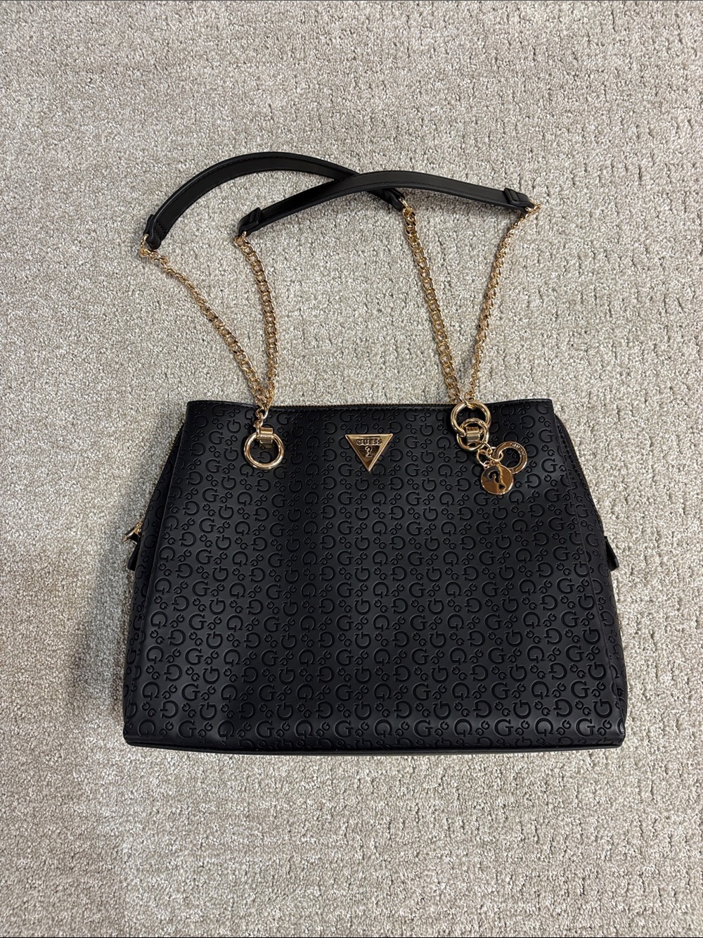 GUESS Black Quilted Chain-Handle Tote Bag, NEW